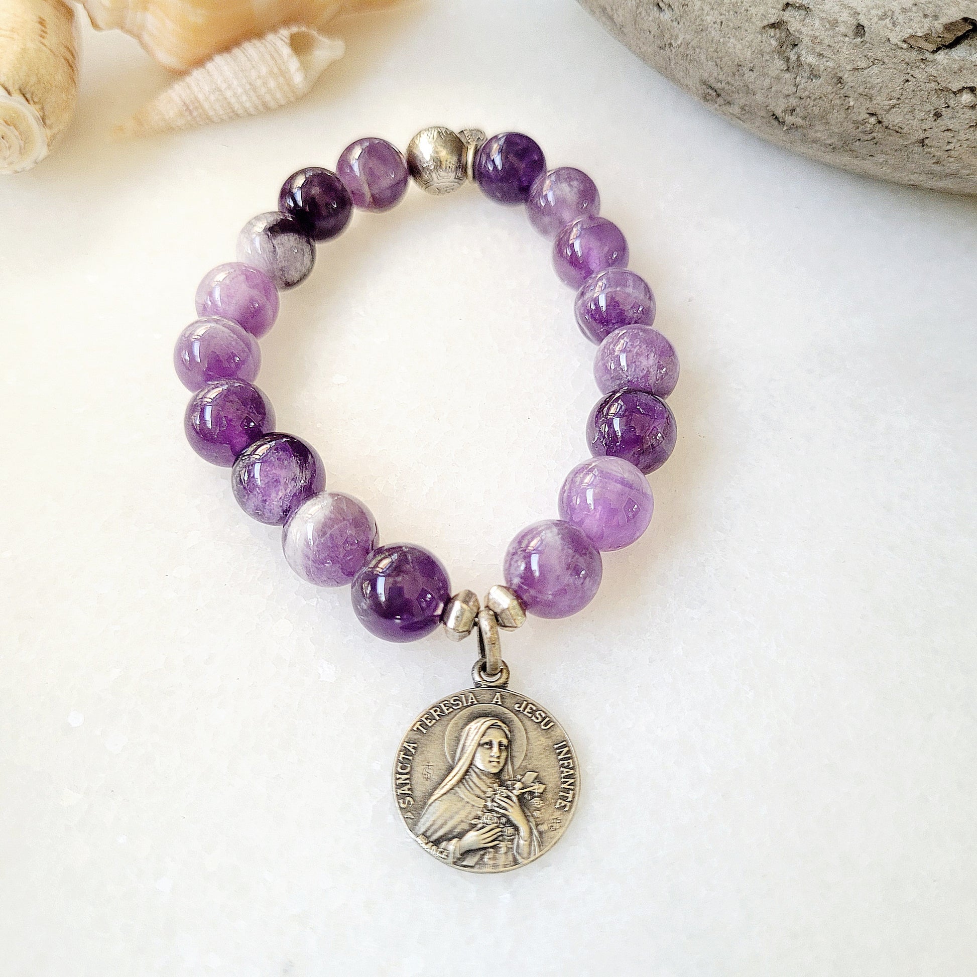 Amethyst 12mm Beaded Bracelet w/ Medal of St. Therese of Lisieux - Afterlife Jewelry Designs