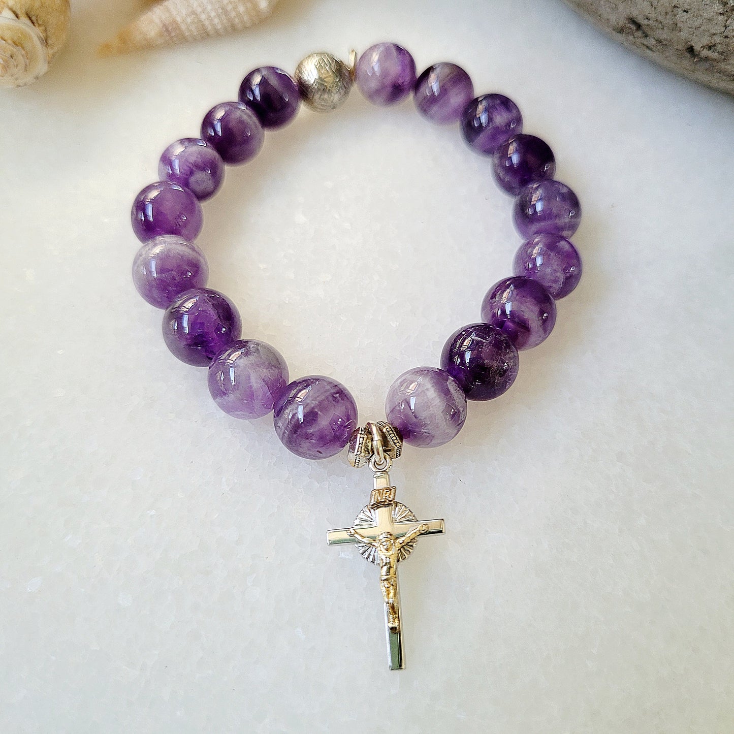 Amethyst 12mm Beaded Bracelet w/ Crucifix of Jesus - Afterlife Jewelry Designs