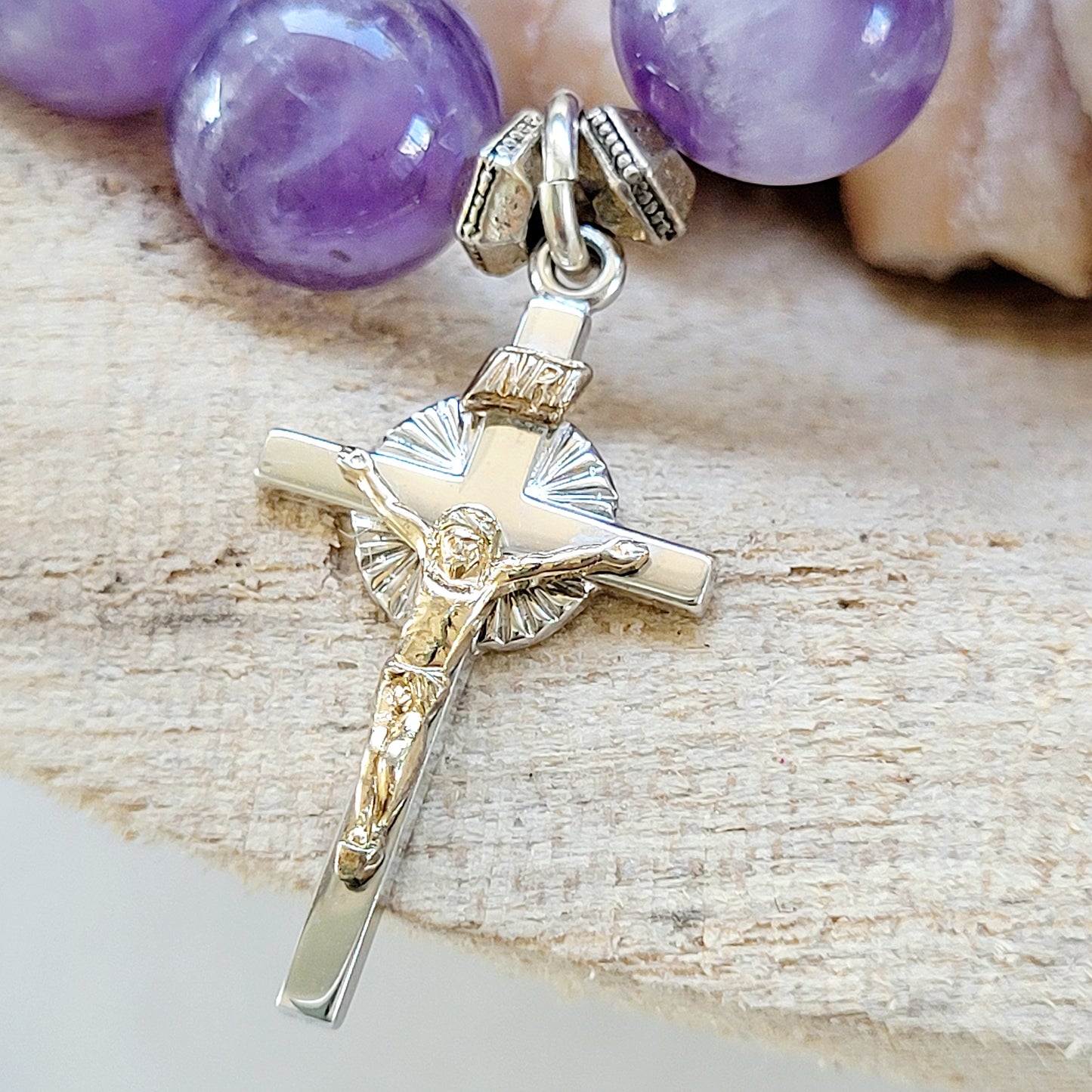 Amethyst 12mm Beaded Bracelet w/ Crucifix of Jesus - Afterlife Jewelry Designs