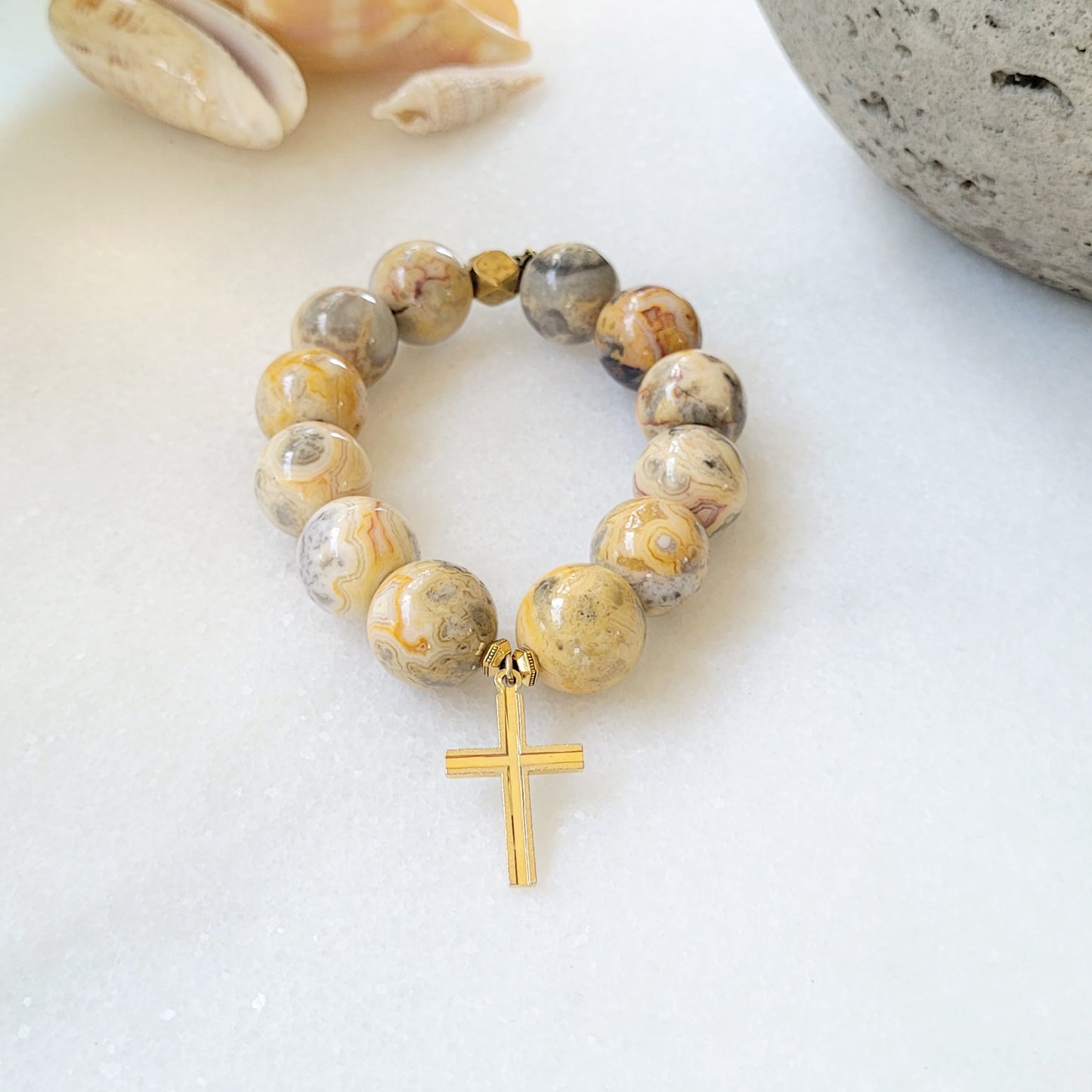 Crazy Lace Agate 16mm Beaded Bracelet w/ Gold Plated Cross - Afterlife Jewelry Designs