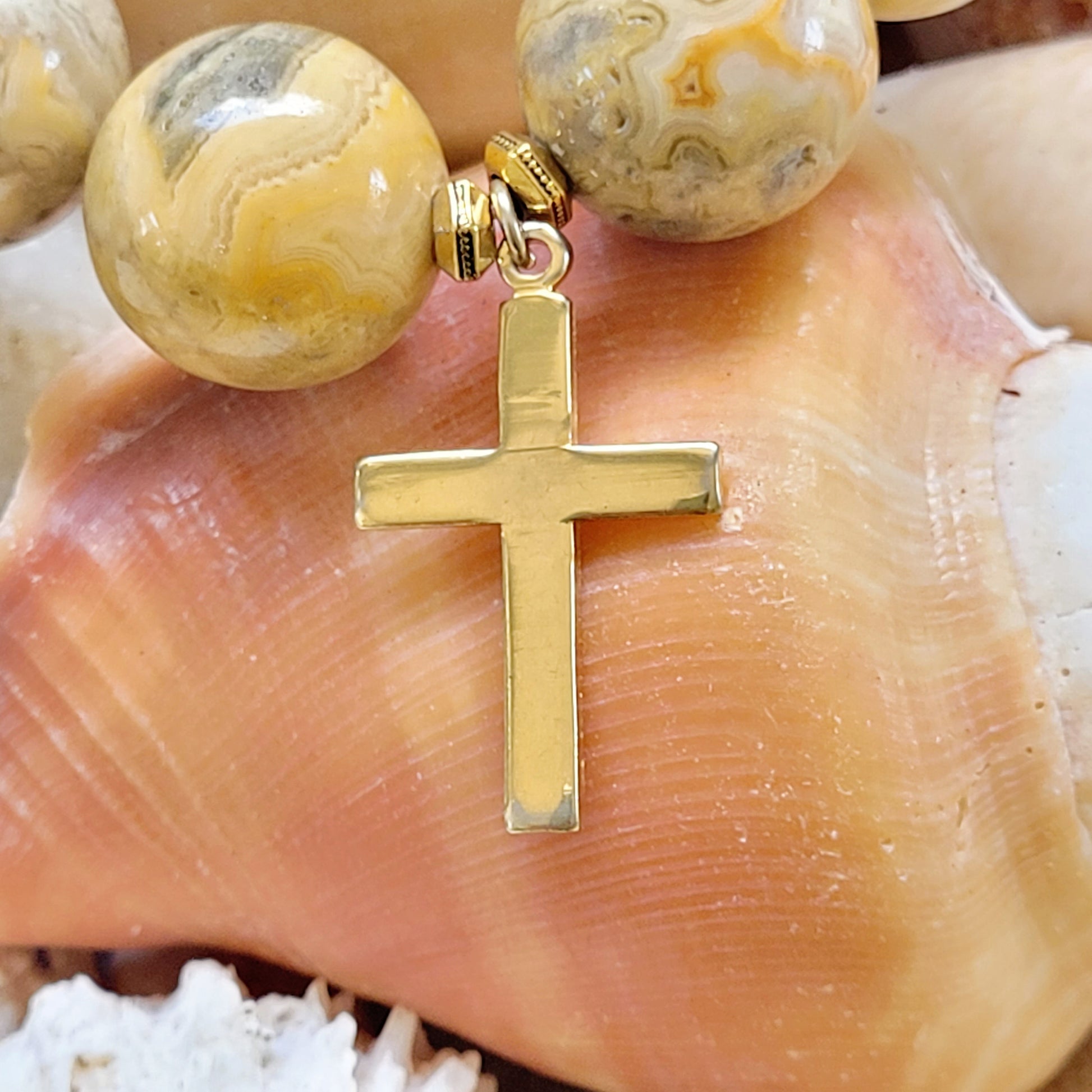 Crazy Lace Agate 16mm Beaded Bracelet w/ Gold Plated Cross - Afterlife Jewelry Designs