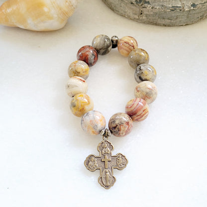Crazy Lace Agate 16mm Beaded Bracelet w/ Bronze Four Way Cross - Afterlife Jewelry Designs