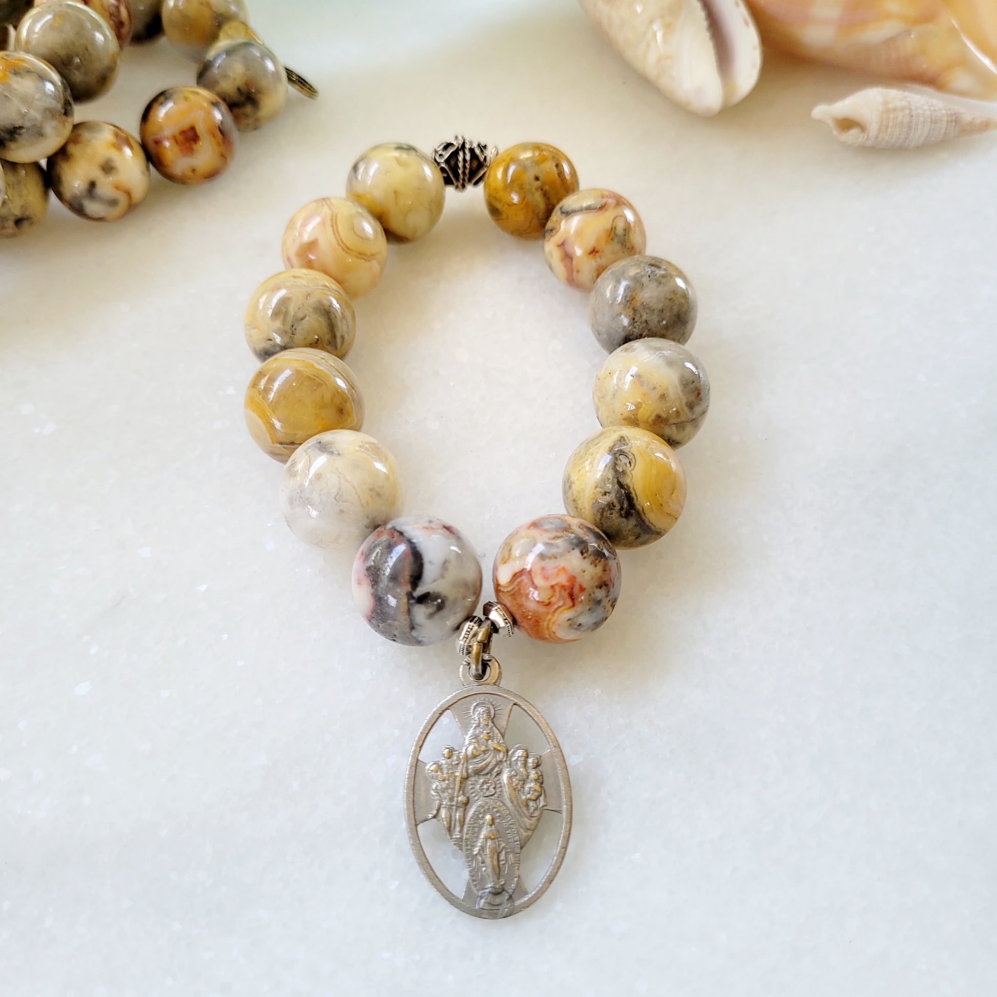 Crazy Lace Agate 16mm Beaded Bracelet w/ Four Way Cross Oval Medal - Afterlife Jewelry Designs