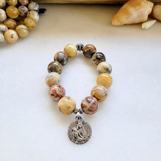 Crazy Lace Agate 16mm Beaded Bracelet w/ Notre Dame de Remonot French Pilgrimage Medal - Afterlife Jewelry Designs