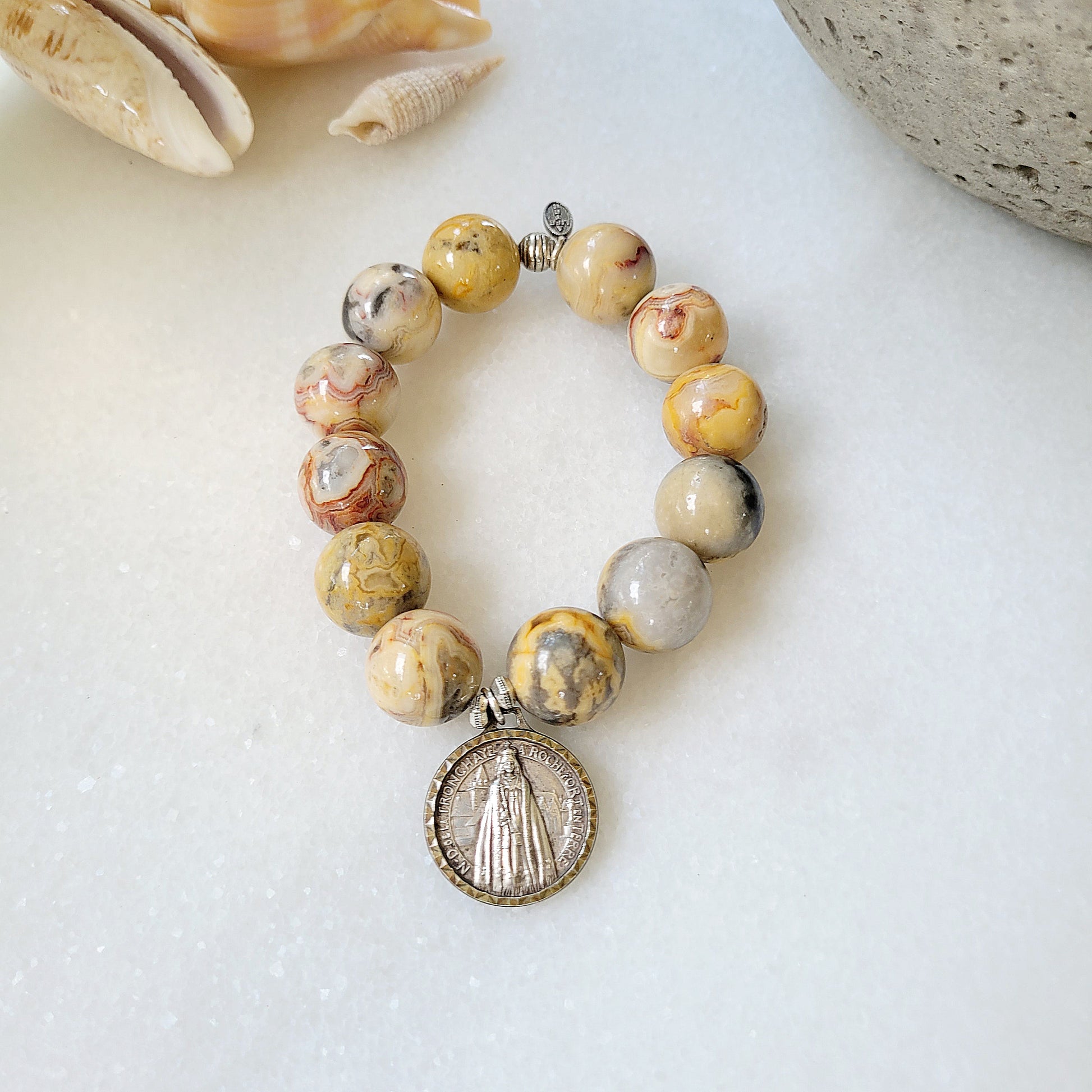 Crazy Lace Agate 16mm Beaded Bracelet w/ Medal from France of Virgin Mary - Afterlife Jewelry Designs