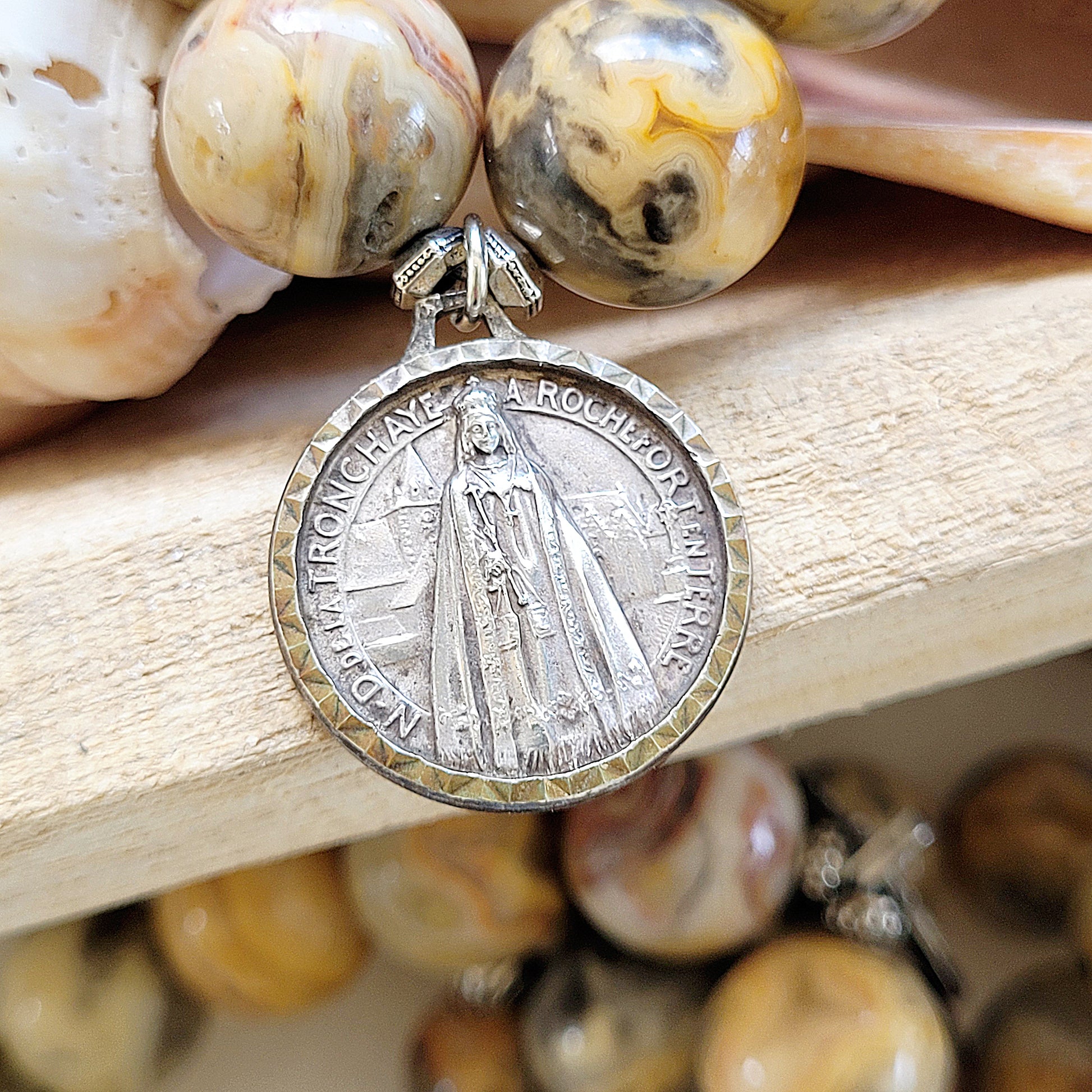 Crazy Lace Agate 16mm Beaded Bracelet w/ Medal from France of Virgin Mary - Afterlife Jewelry Designs