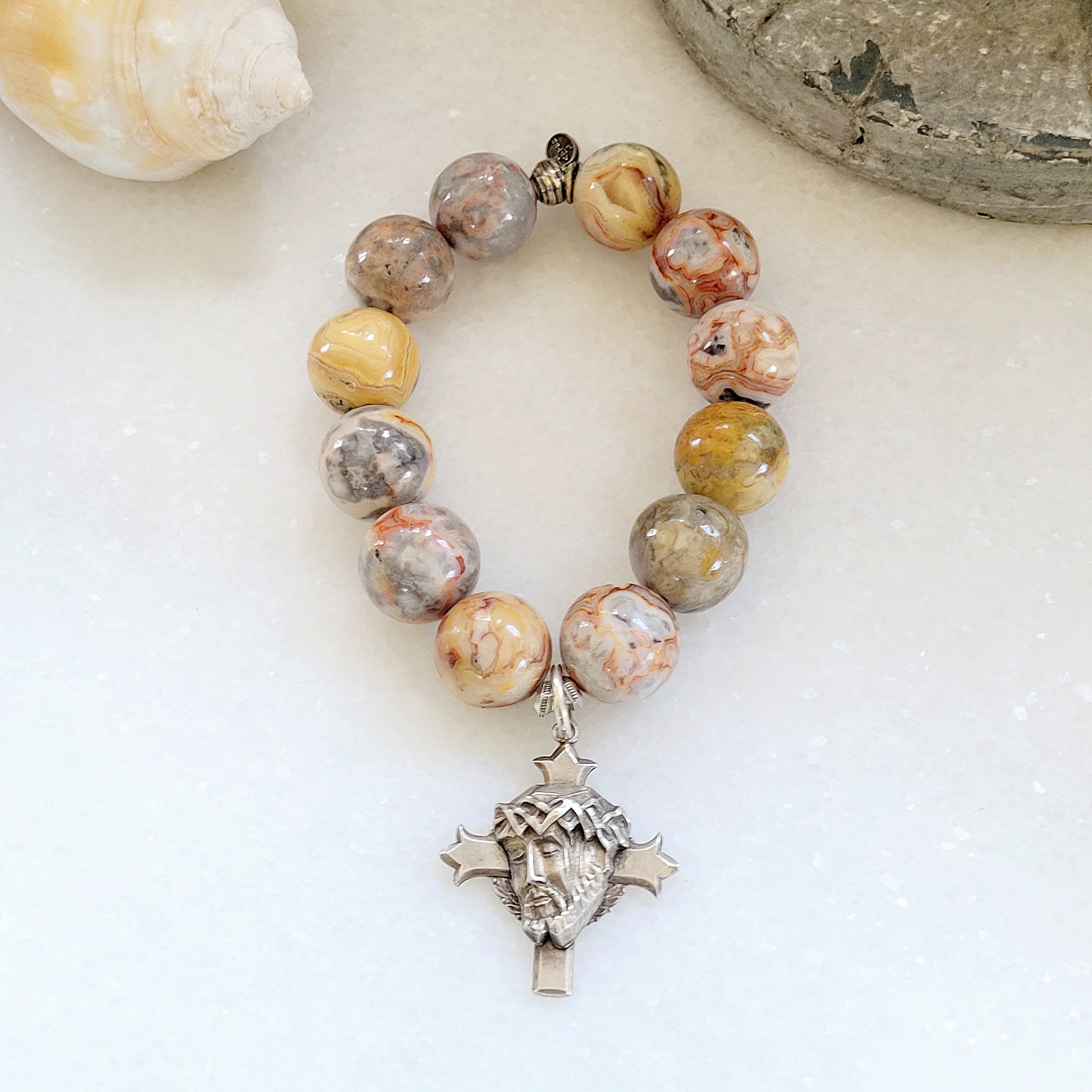 Crazy Lace Agate 16mm Beaded Bracelet w/ Sterling Medal Cross of Jesus Crucified - Afterlife Jewelry Designs