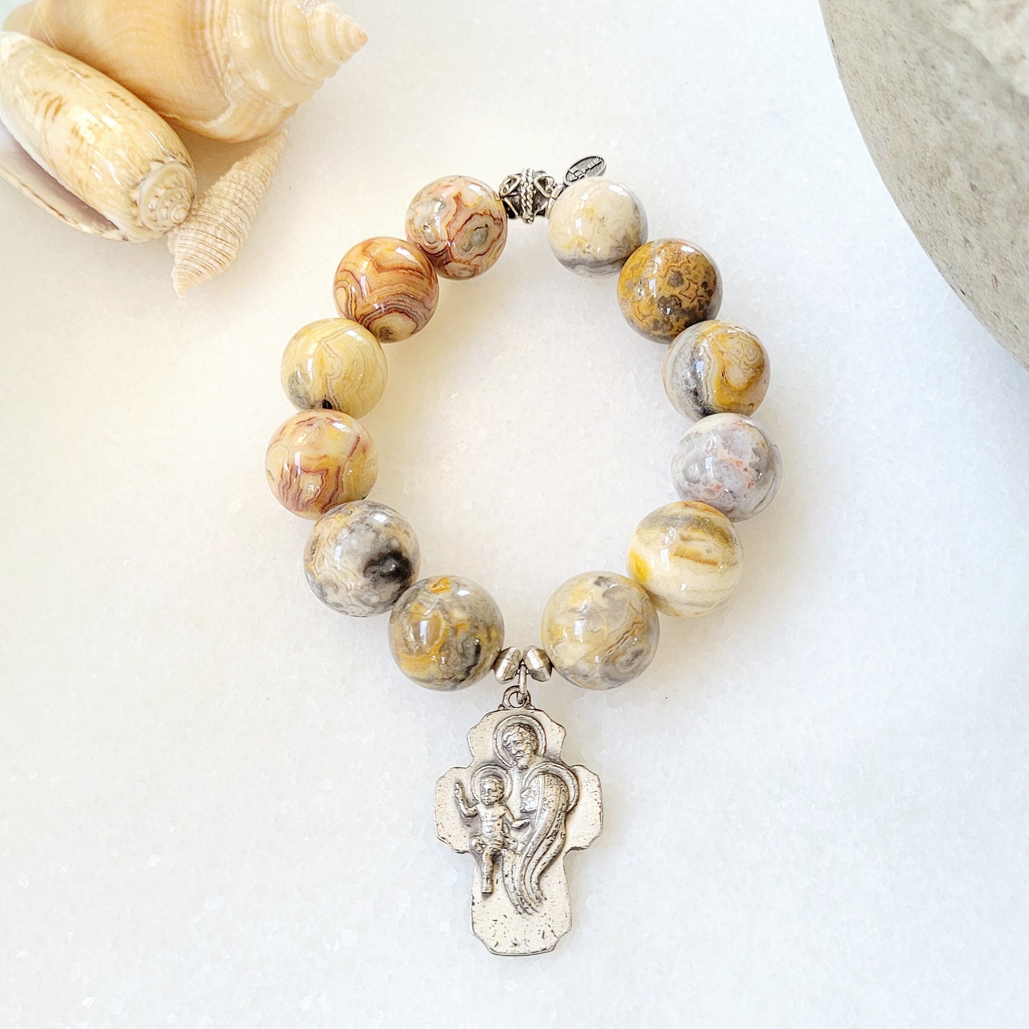 Crazy Lace Agate 16mm Beaded Bracelet w/ Creed Holy Family Vintage Cross Medal - Afterlife Jewelry Designs