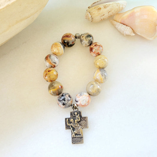 Crazy Lace Agate 16mm Beaded Bracelet w/ Bronze Cross with Holy Family / St. Christopher - Afterlife Jewelry Designs