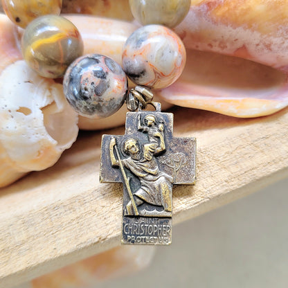 Crazy Lace Agate 16mm Beaded Bracelet w/ Bronze Cross with Holy Family / St. Christopher - Afterlife Jewelry Designs