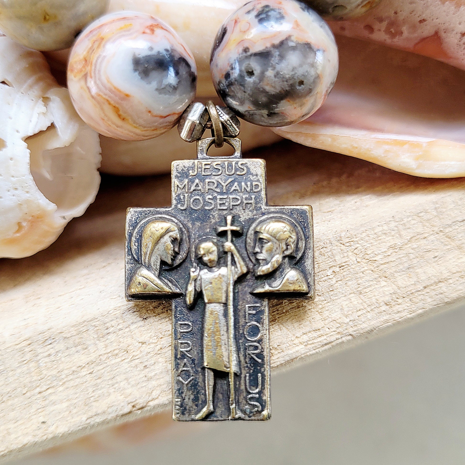 Crazy Lace Agate 16mm Beaded Bracelet w/ Bronze Cross with Holy Family / St. Christopher - Afterlife Jewelry Designs