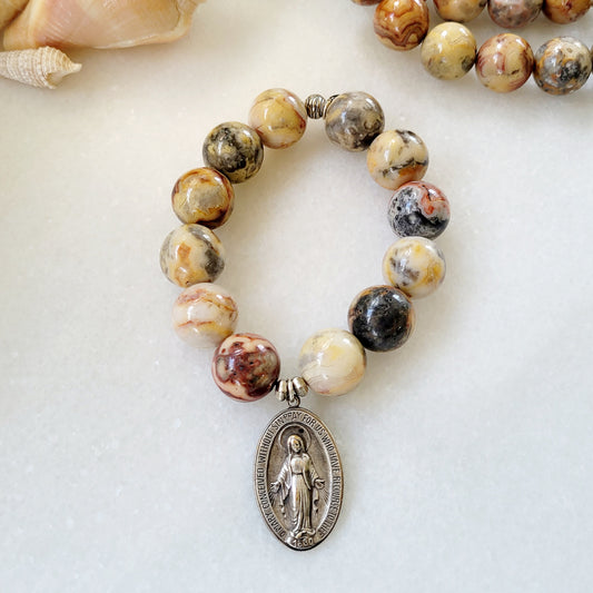 Crazy Lace Agate 16mm Beaded Bracelet w/ Sterling Silver Blessed Mother 1830 Vintage Medal - Afterlife Jewelry Designs