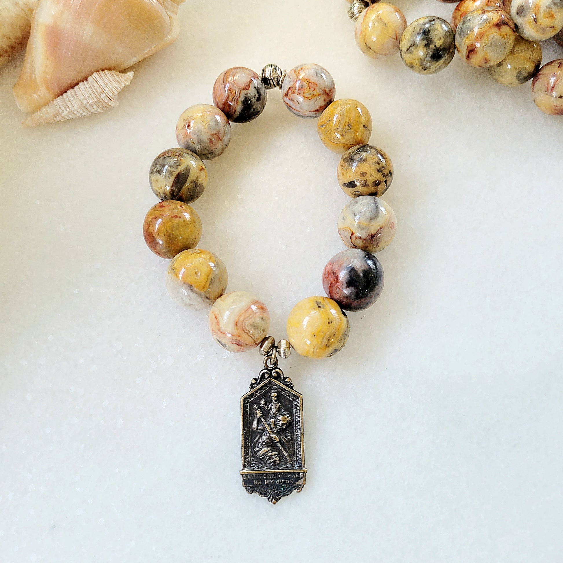 Crazy Lace Agate 16mm Beaded Bracelet w/ Vintage St. Christopher Medal - Afterlife Jewelry Designs