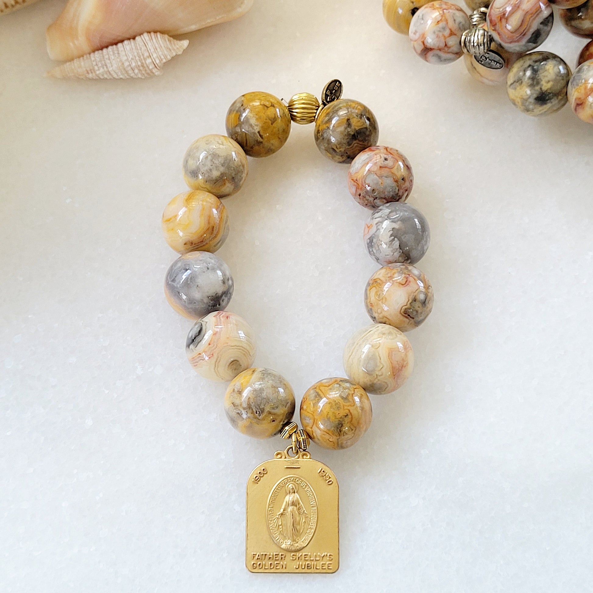Crazy Lace Agate 16mm Beaded Bracelet w/ Gold Plated Miraculous Medal of Mary - Afterlife Jewelry Designs