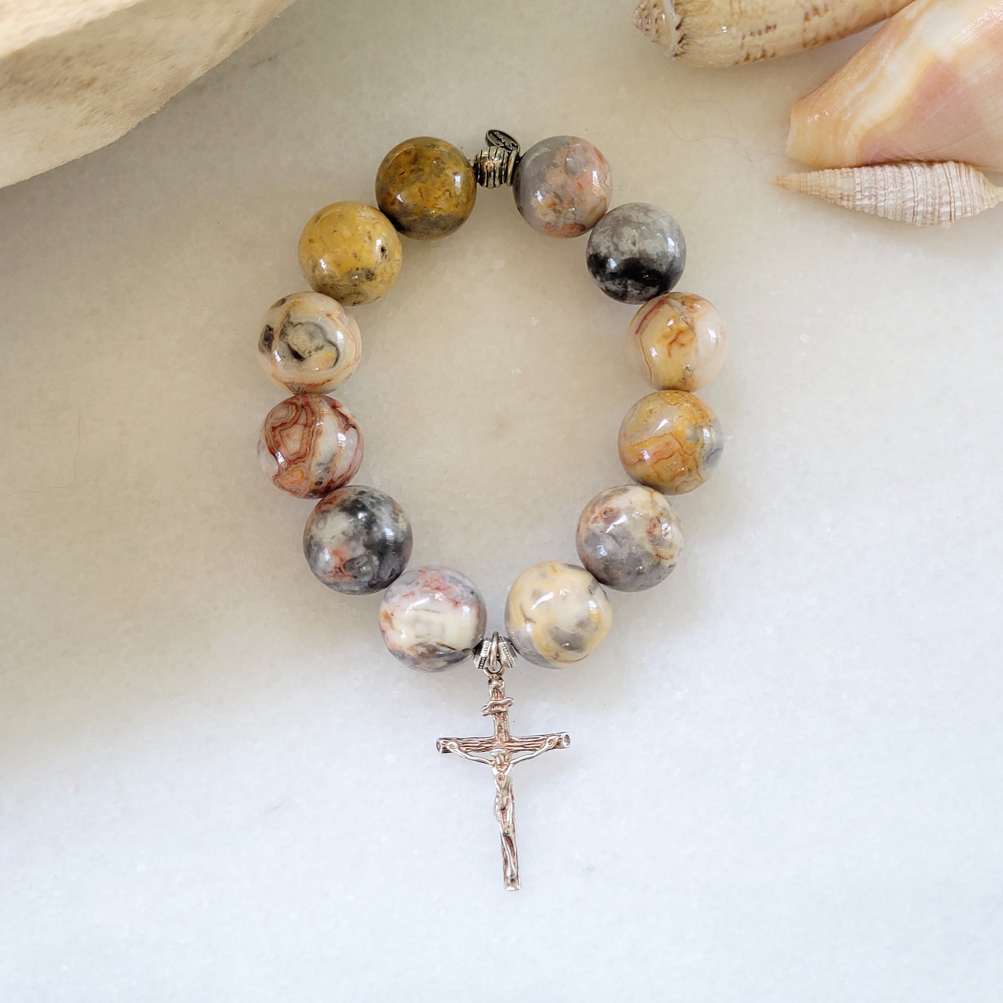 Crazy Lace Agate 16mm Beaded Bracelet w/ Sterling Silver Cross of Jesus - Afterlife Jewelry Designs