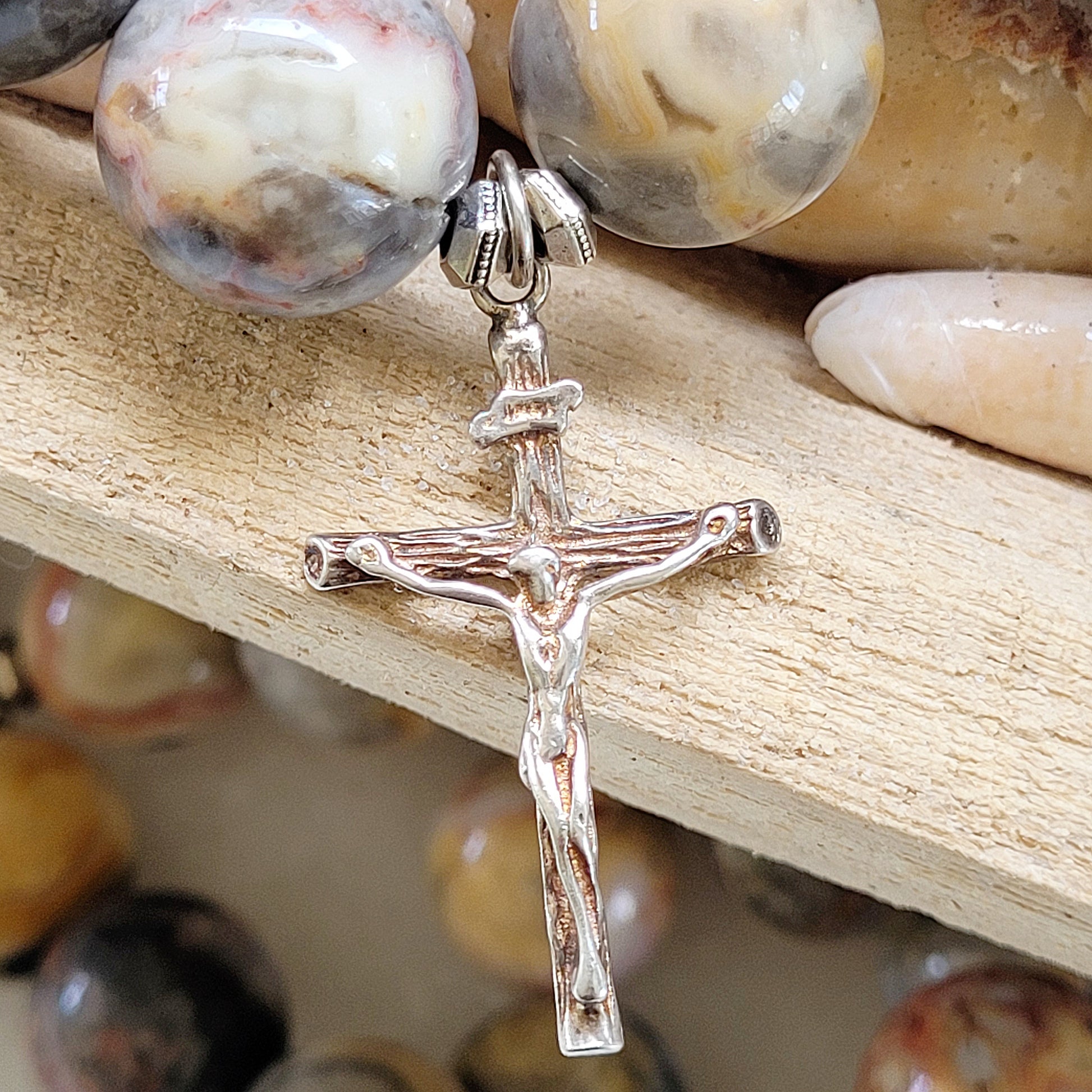 Crazy Lace Agate 16mm Beaded Bracelet w/ Sterling Silver Cross of Jesus - Afterlife Jewelry Designs