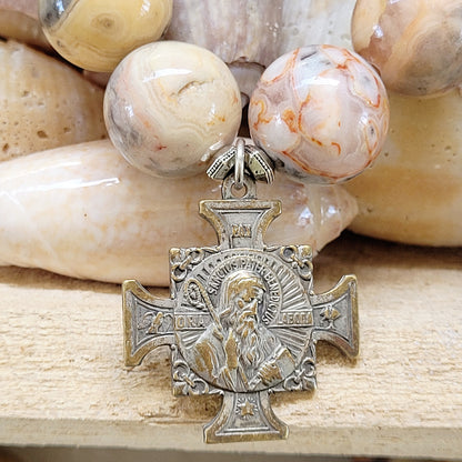 Crazy Lace Agate 16mm Beaded Bracelet w/ Vintage St. Benedict Religious Medal - Afterlife Jewelry Designs