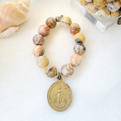 Crazy Lace Agate 16mm Beaded Bracelet w/ Bronze Medal of Virgin Mary /St. Aloysius Gonzaga - Afterlife Jewelry Designs