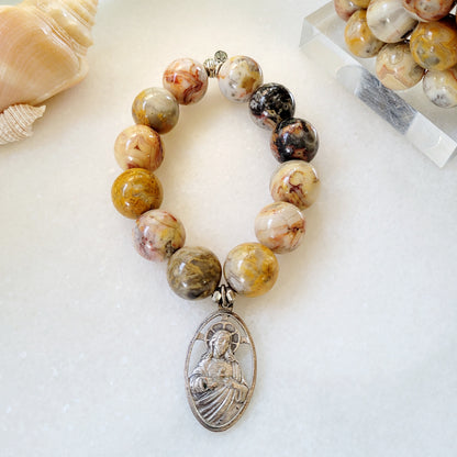 Crazy Lace Agate 16mm Beaded Bracelet w/ Sacred Heart Christ Medal from Italy - Afterlife Jewelry Designs