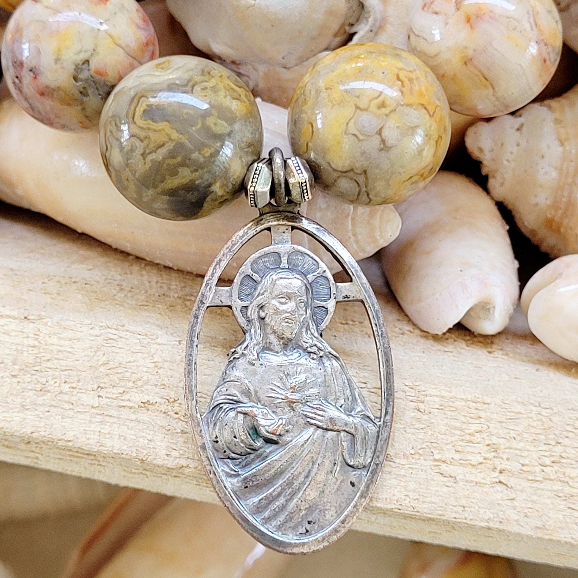 Crazy Lace Agate 16mm Beaded Bracelet w/ Sacred Heart Christ Medal from Italy - Afterlife Jewelry Designs
