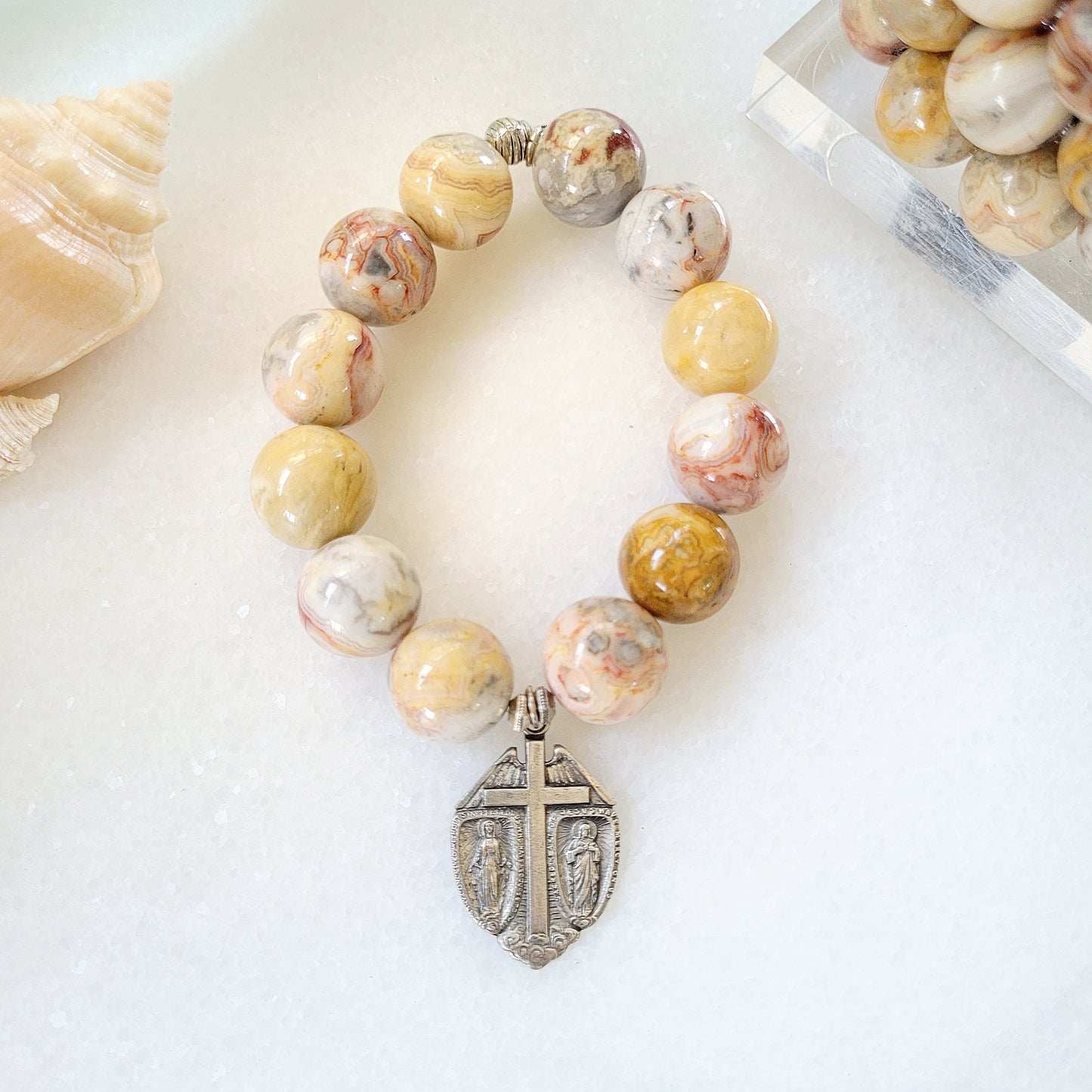 Crazy Lace Agate 16mm Beaded Bracelet w/ Vintage Silver Wings Cross w/ Mary + Jesus - Afterlife Jewelry Designs