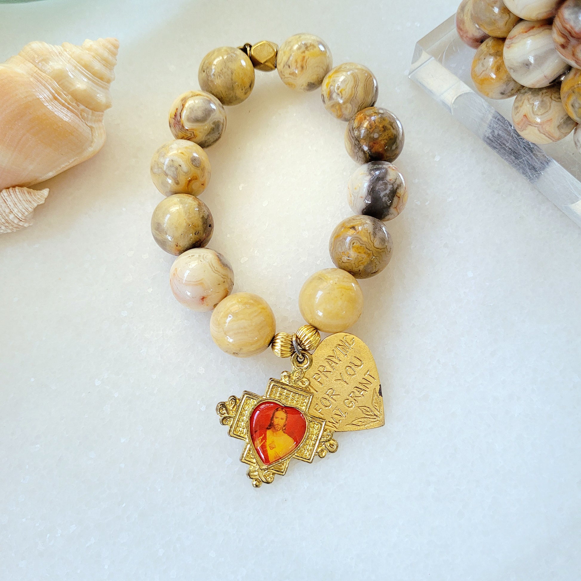 Crazy Lace Agate 16mm Beaded Bracelet w/ Enamel over Metal Sacred Heart of Jesus Cross - Afterlife Jewelry Designs