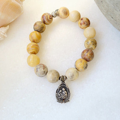 Crazy Lace Agate 14mm Beaded Bracelet w/ Sterling Silver Art Deco medal of St. Joseph / Sacred Heart of Jesus - Afterlife Jewelry Designs