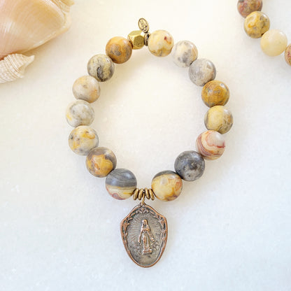 Crazy Lace Agate 14mm Beaded Bracelet w/ Miraculous Medal Vintage Medal - Afterlife Jewelry Designs