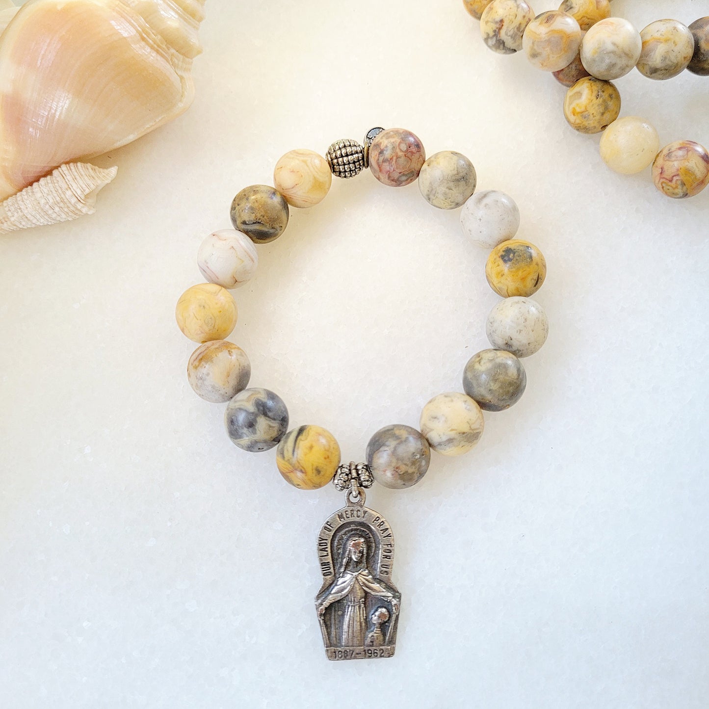 Crazy Lace Agate 14mm Beaded Bracelet w/ Our Lady of Mercy Medal 1962 Chicago Illinois Mission - Afterlife Jewelry Designs