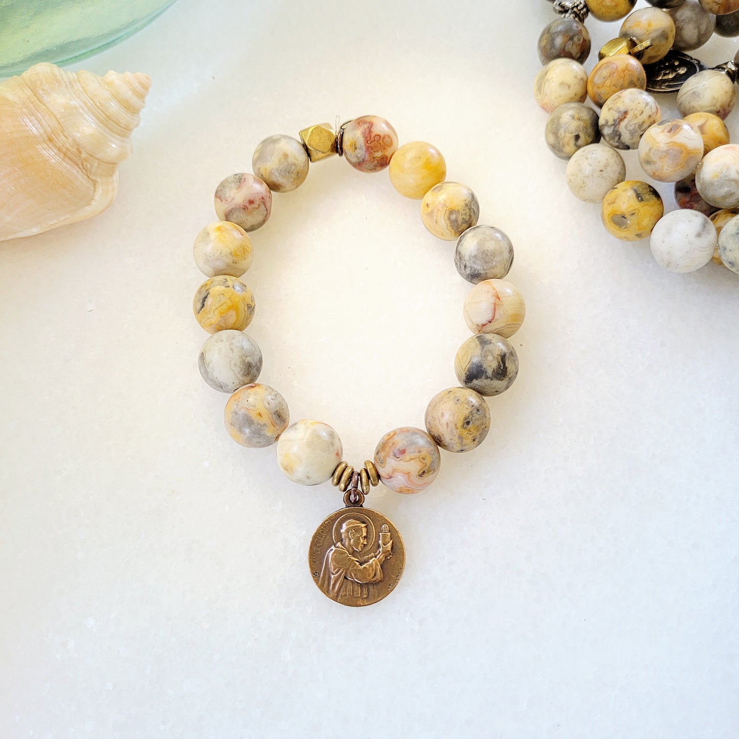 Crazy Lace Agate 16mm Beaded Bracelet w/ St. Cloud Medal - Afterlife Jewelry Designs
