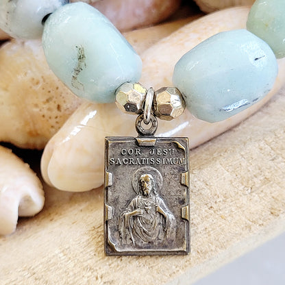 Amazonite Tubular Beaded Bracelet w/ Unique Sacred Heart of Jesus Medal - Afterlife Jewelry Designs