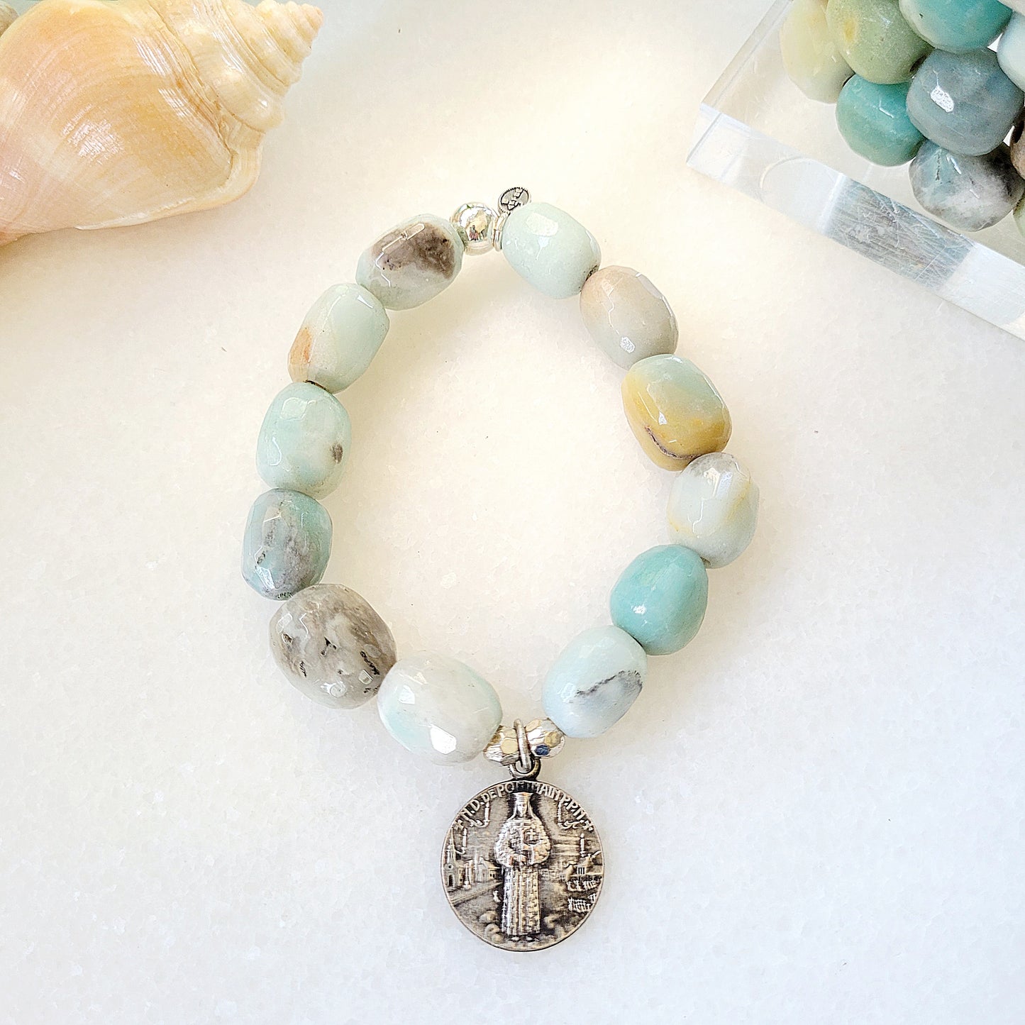 Amazonite Tubular Beaded Bracelet w/ Vintage Medal of Notre Dame de Pontmain - Afterlife Jewelry Designs