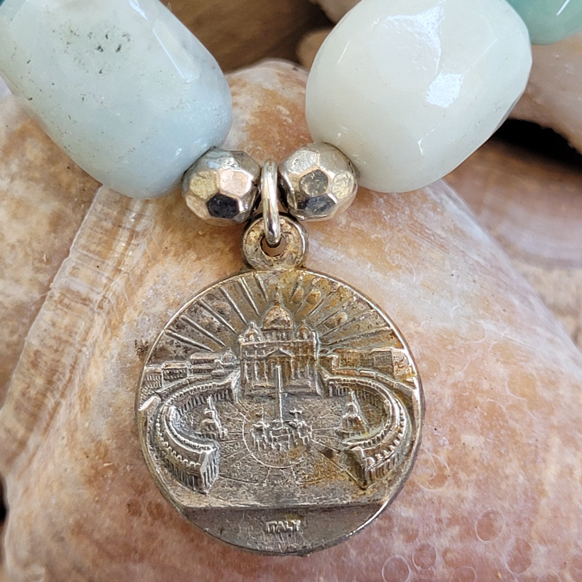 Amazonite Tubular Beaded Bracelet w/ Pope John Paul II + The Vatical Medal - Afterlife Jewelry Designs