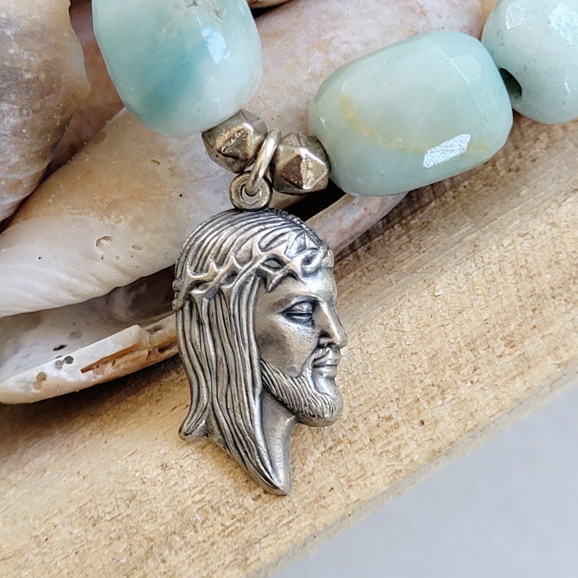 Amazonite Tubular Beaded Bracelet w/ Suffering Jesus Medal - Afterlife Jewelry Designs