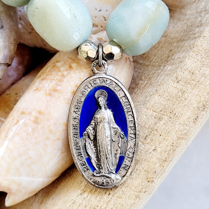 Amazonite Tubular Beaded Bracelet w/ Blue Enameled Miraculous Medal of Mary - Afterlife Jewelry Designs