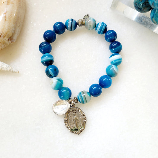 Blue Line Agate 10mm Beaded Bracelet w/ St. Anne de Beaupre / Miraculous Medal of Mary - Afterlife Jewelry Designs