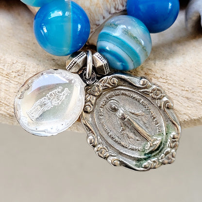 Blue Line Agate 10mm Beaded Bracelet w/ St. Anne de Beaupre / Miraculous Medal of Mary - Afterlife Jewelry Designs