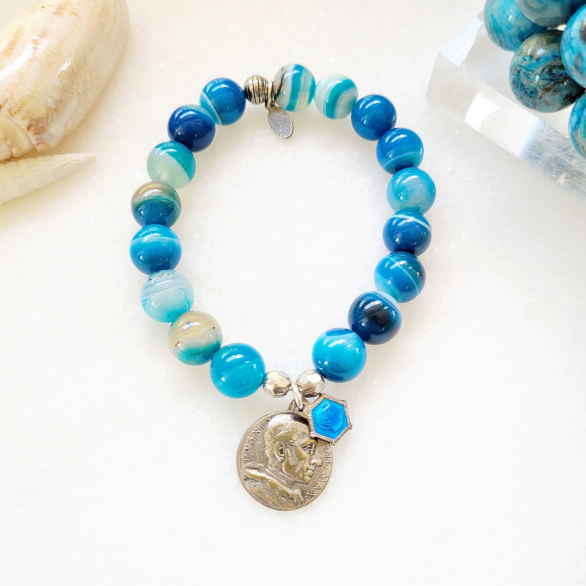 Blue Line Agate 10mm Beaded Bracelet w/ Double Medal Pope Pius XII / Our Lady of Lourdes - Afterlife Jewelry Designs