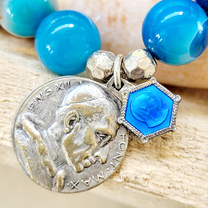 Blue Line Agate 10mm Beaded Bracelet w/ Double Medal Pope Pius XII / Our Lady of Lourdes - Afterlife Jewelry Designs