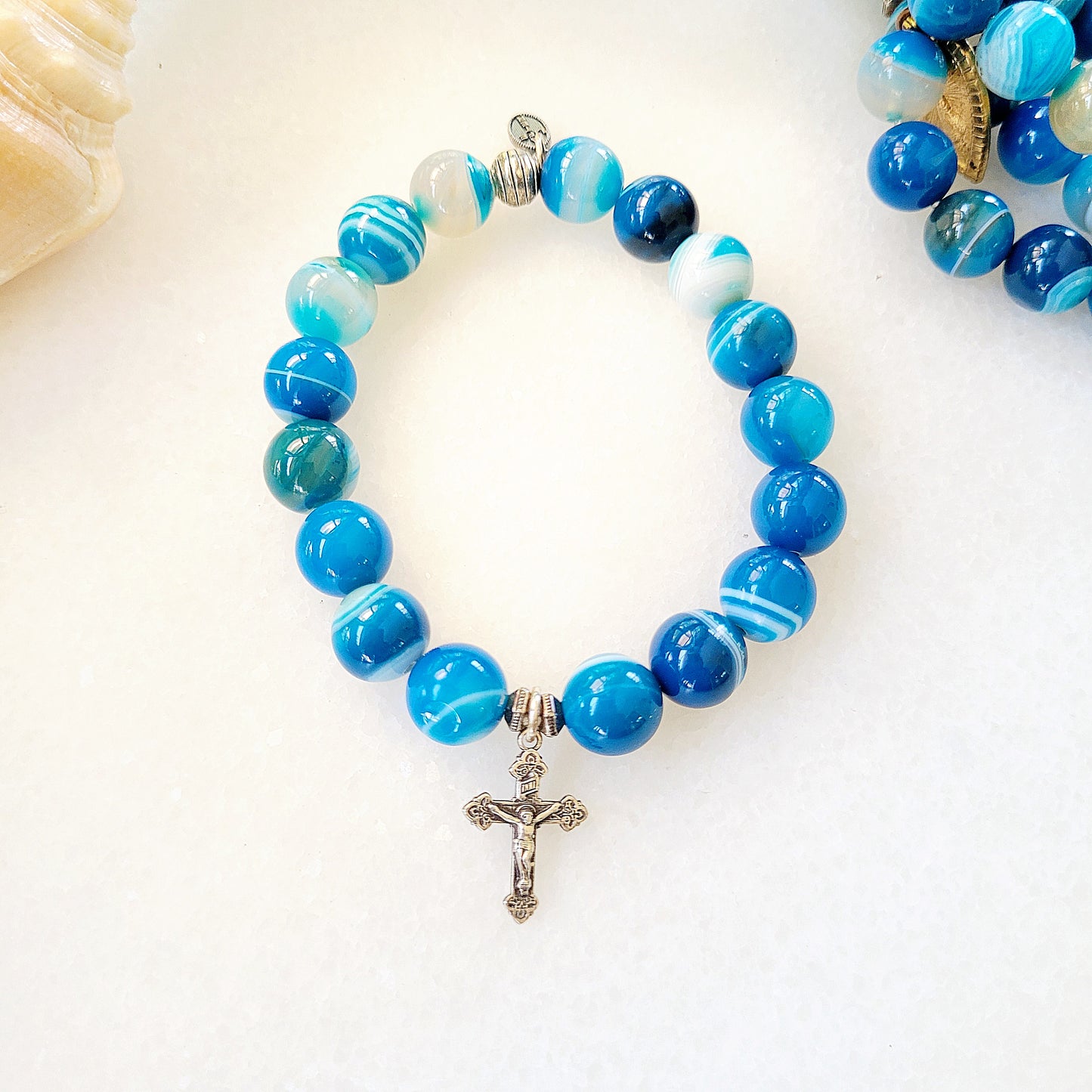 Blue Line Agate 10mm Beaded Bracelet w/ Sterling Silver Crucifix w/ Jesus - Afterlife Jewelry Designs