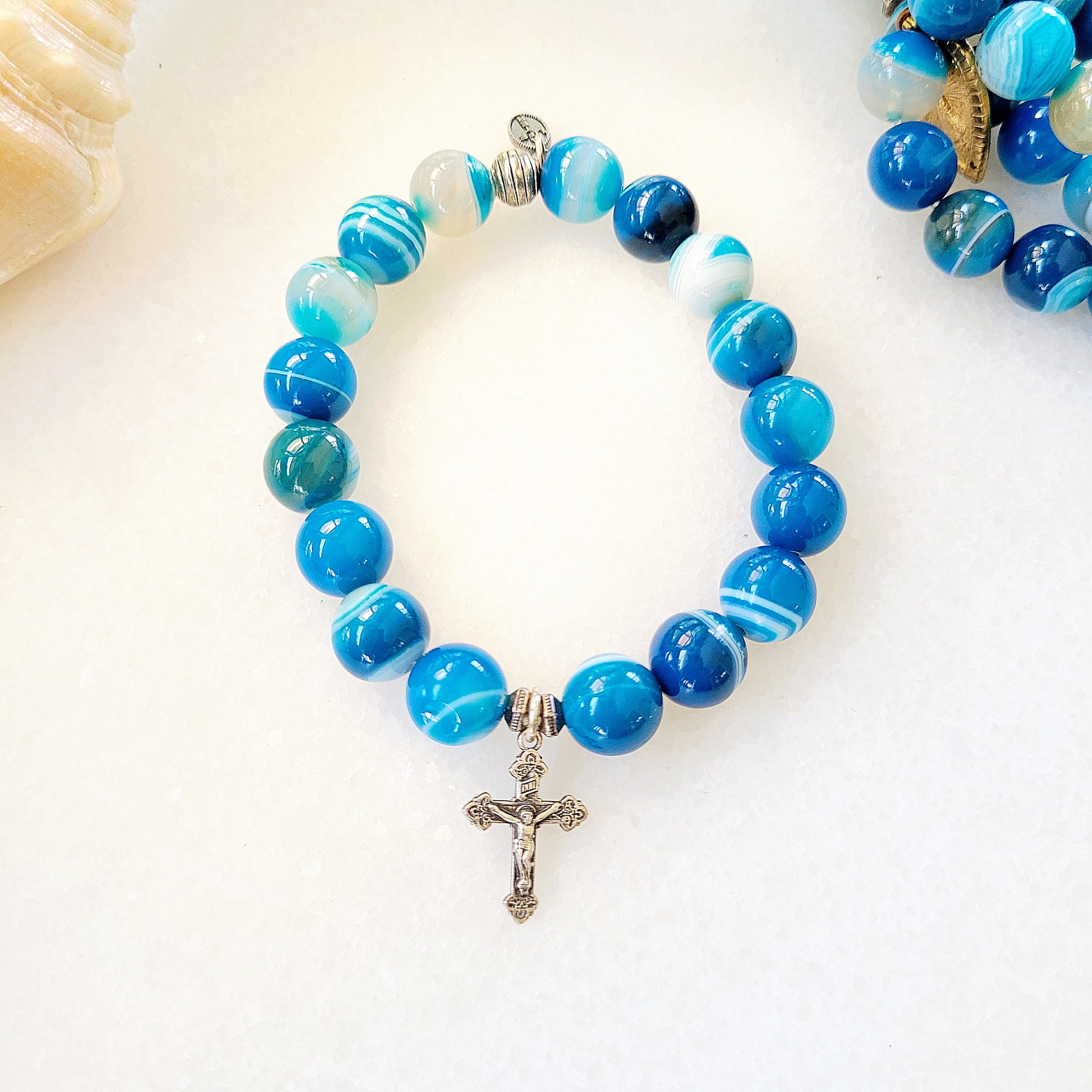 Blue Line Agate 10mm Beaded Bracelet w/ Sterling Silver Crucifix w/ Jesus - Afterlife Jewelry Designs