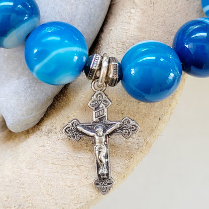 Blue Line Agate 10mm Beaded Bracelet w/ Sterling Silver Crucifix w/ Jesus - Afterlife Jewelry Designs