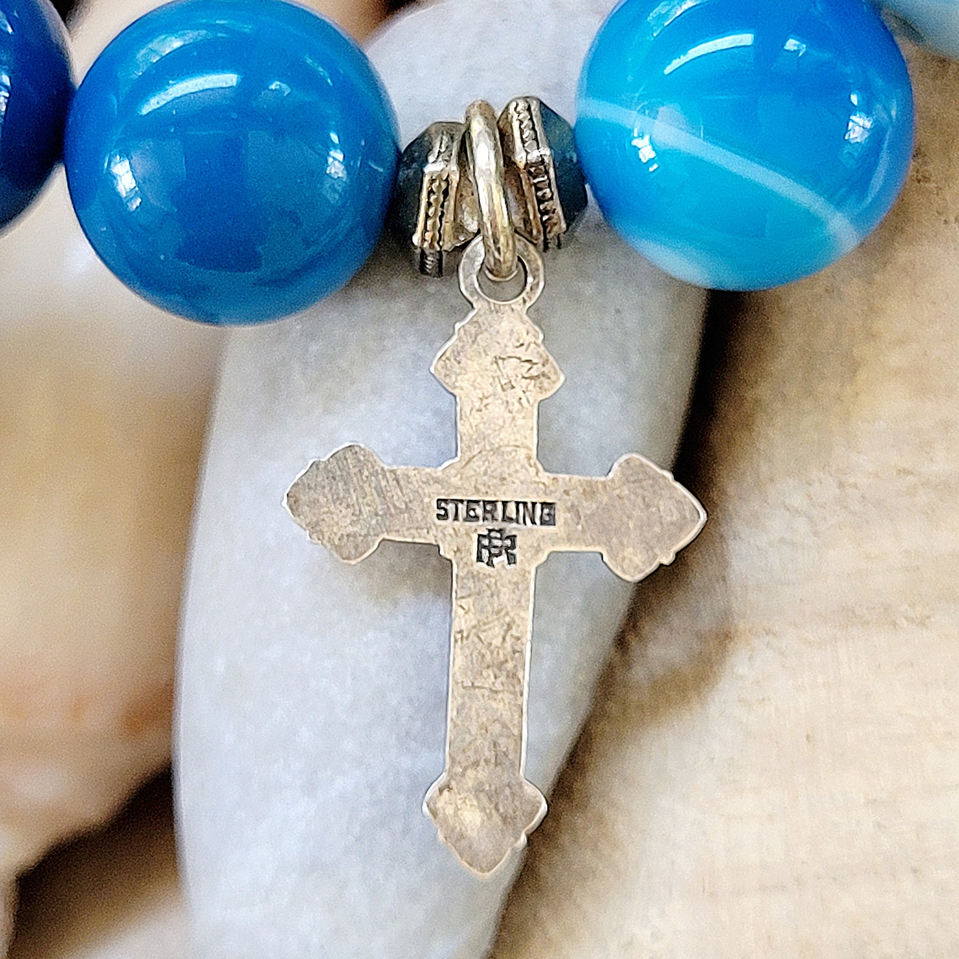 Blue Line Agate 10mm Beaded Bracelet w/ Sterling Silver Crucifix w/ Jesus - Afterlife Jewelry Designs