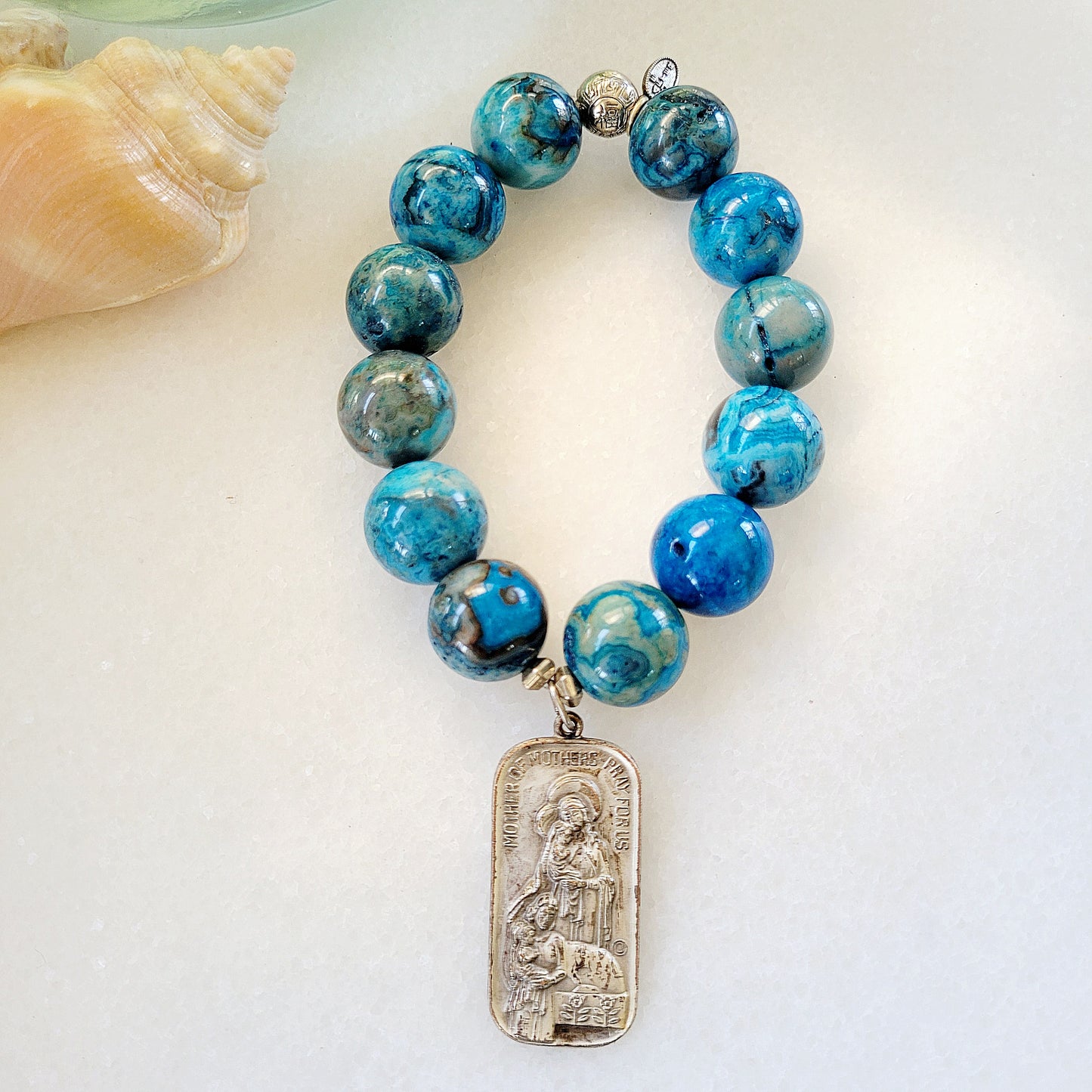 Blue Crazy Lace Agate 16mm Beaded Bracelet w/ Sacred Heart of Jesus Medal - Afterlife Jewelry Designs