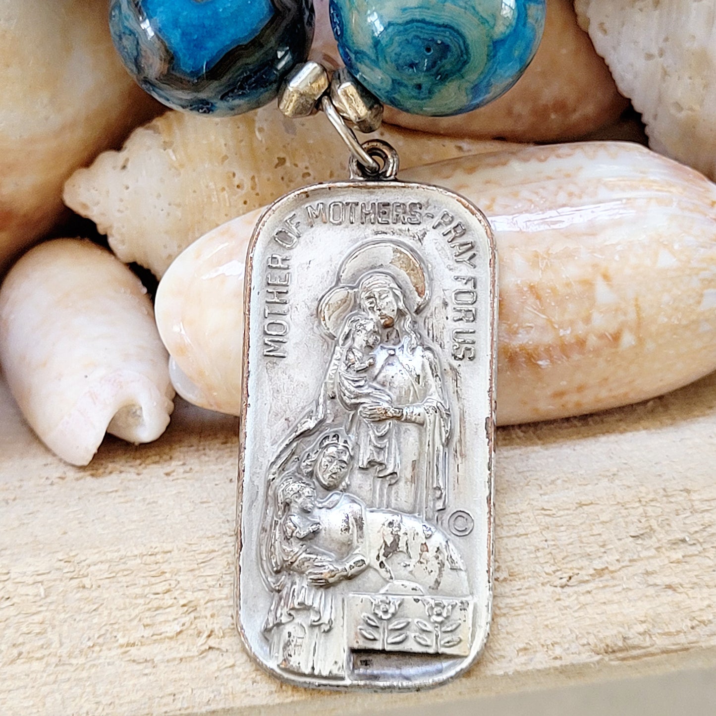 Blue Crazy Lace Agate 16mm Beaded Bracelet w/ Sacred Heart of Jesus Medal - Afterlife Jewelry Designs