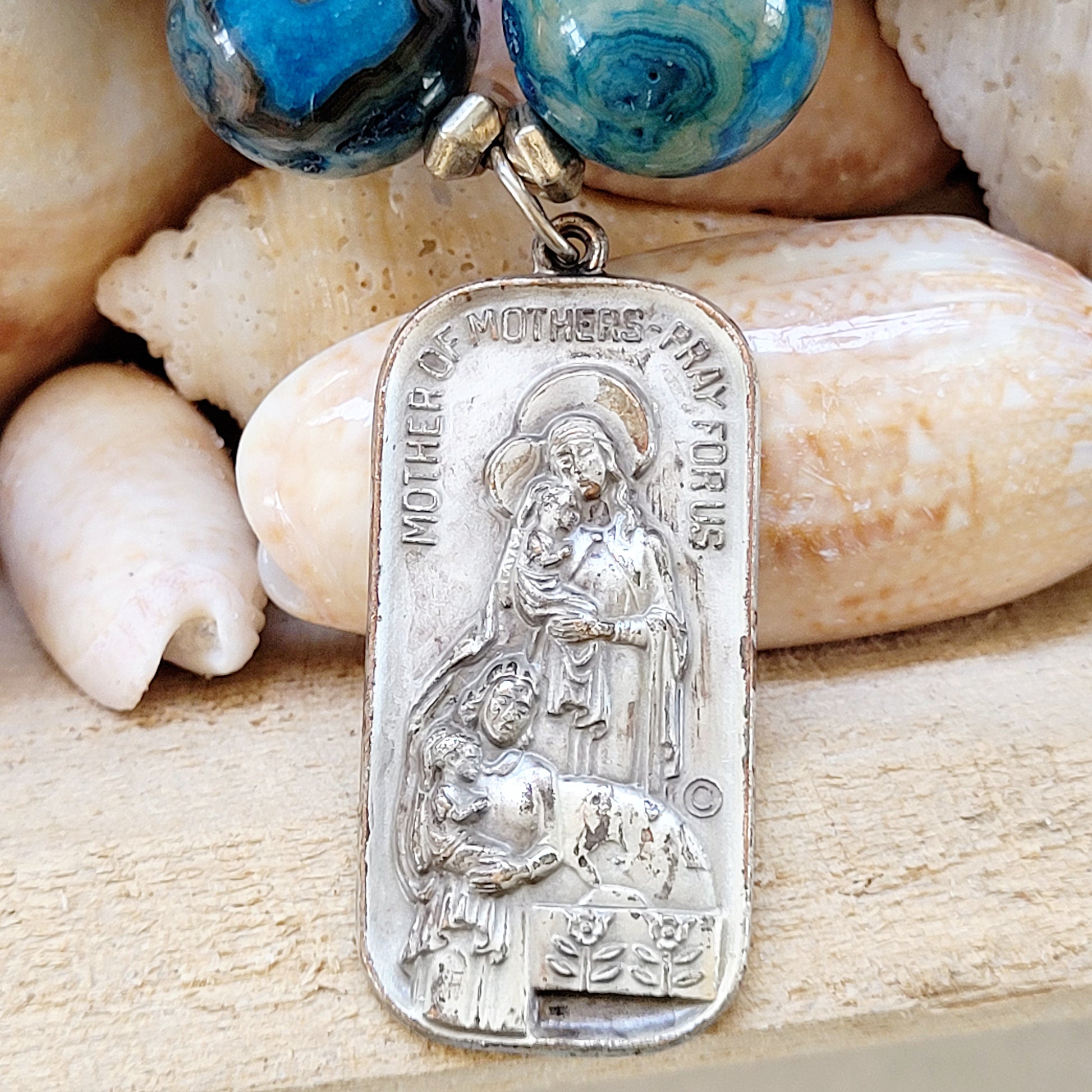 Blue Crazy Lace Agate 16mm Beaded Bracelet w/ Sacred Heart of Jesus Medal - Afterlife Jewelry Designs