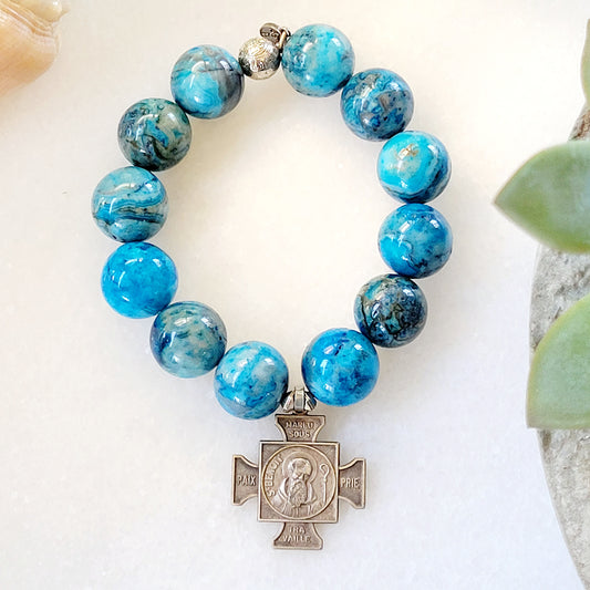 Blue Crazy Lace Agate 16mm Beaded Bracelet w/ Maltese Cross Medal w/ St. Benedict - Afterlife Jewelry Designs