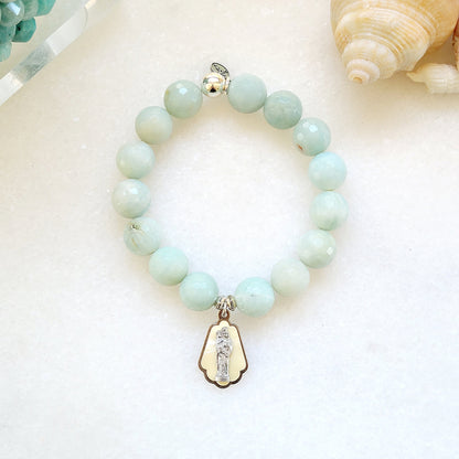 Amazonite Faceted 12mm Beaded Bracelet w/ St. Anne Medal - Afterlife Jewelry Designs