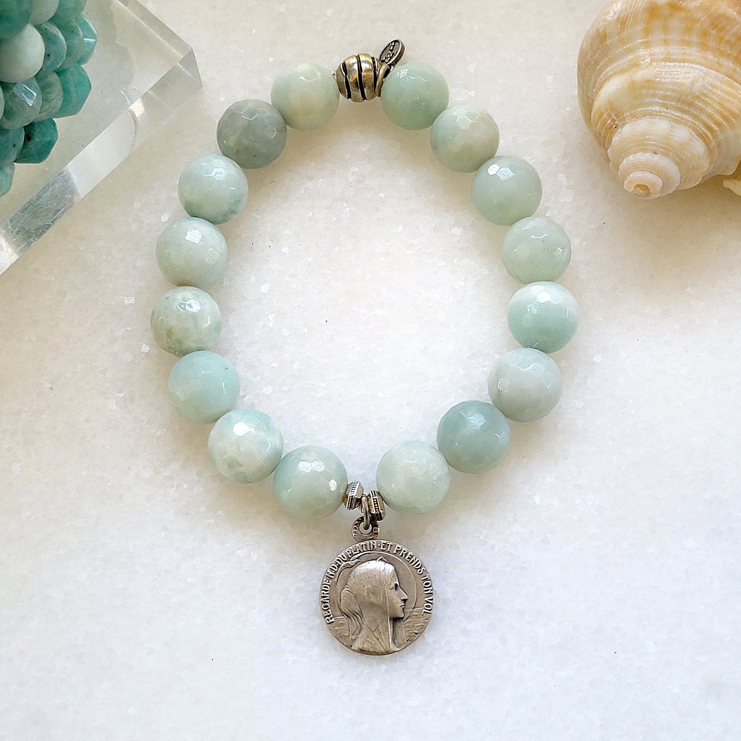 Amazonite Faceted 12mm Beaded Bracelet w/ Our Lady of the Platinum Take Your Flight from France Medal - Afterlife Jewelry Designs