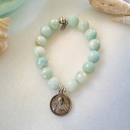 Amazonite Faceted 12mm Beaded Bracelet w/ The Sacred Heart of Jesus + Our Lady of Mt. Carmel Medal - Afterlife Jewelry Designs